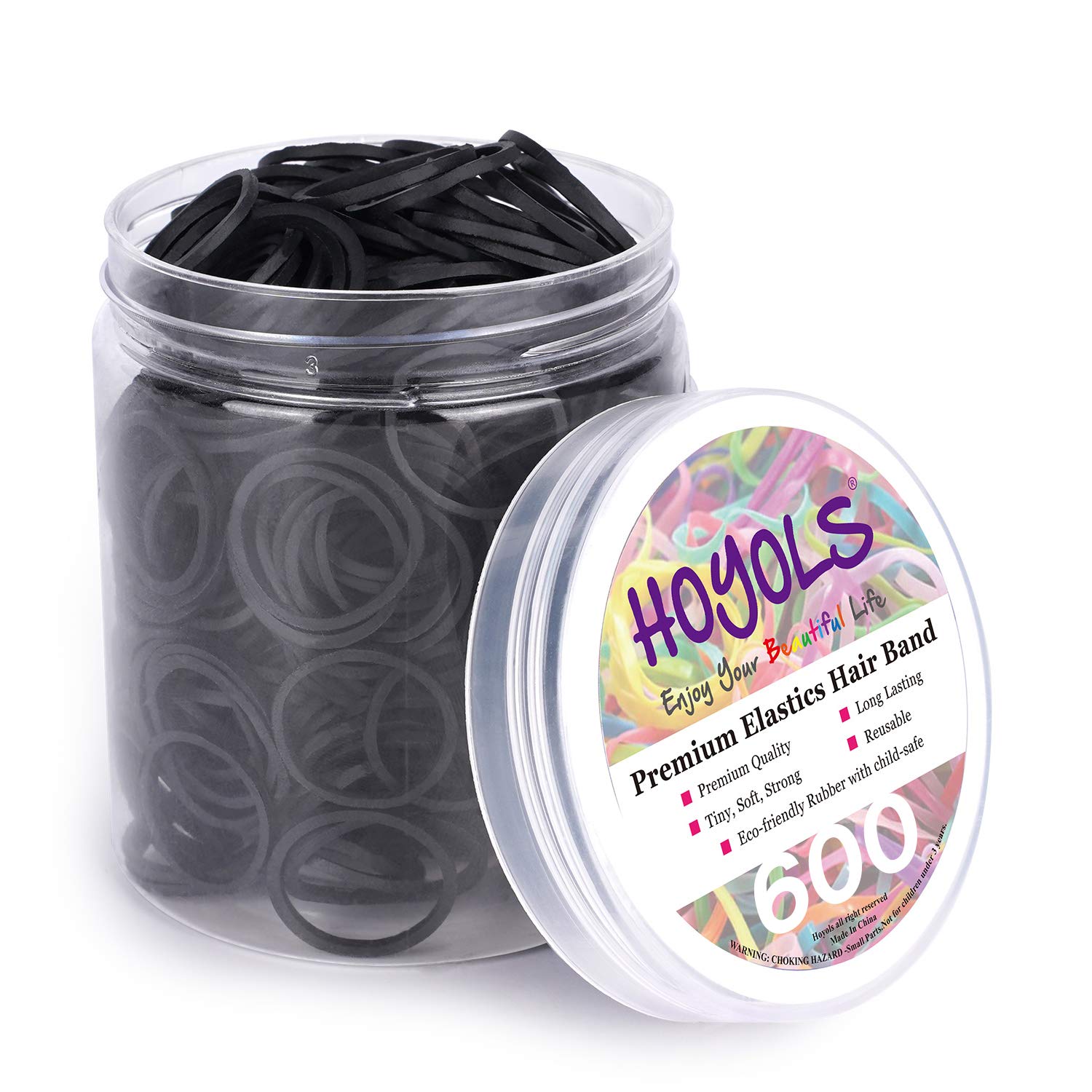 HOYOLS black 3/4-inch hair bands in a clear container for tidy storage.