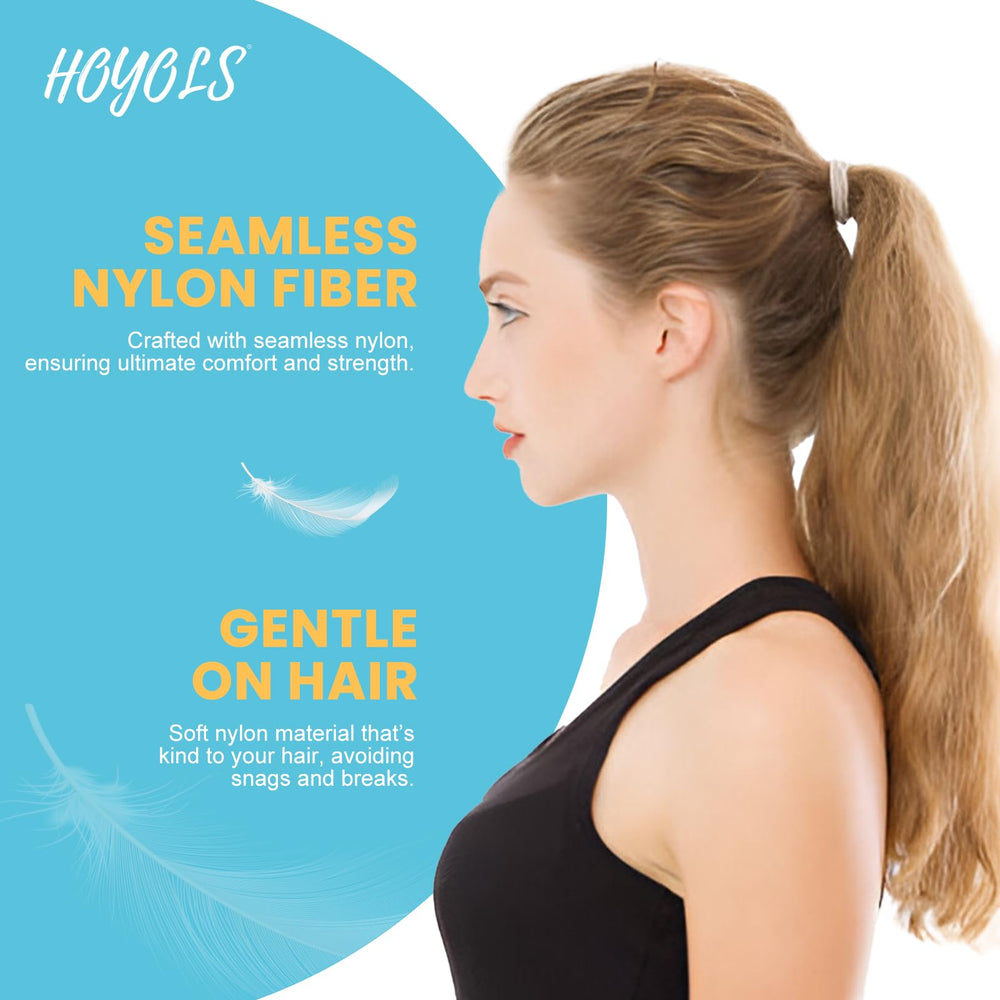 HOYOLS hair ties securing a thick ponytail on curly hair