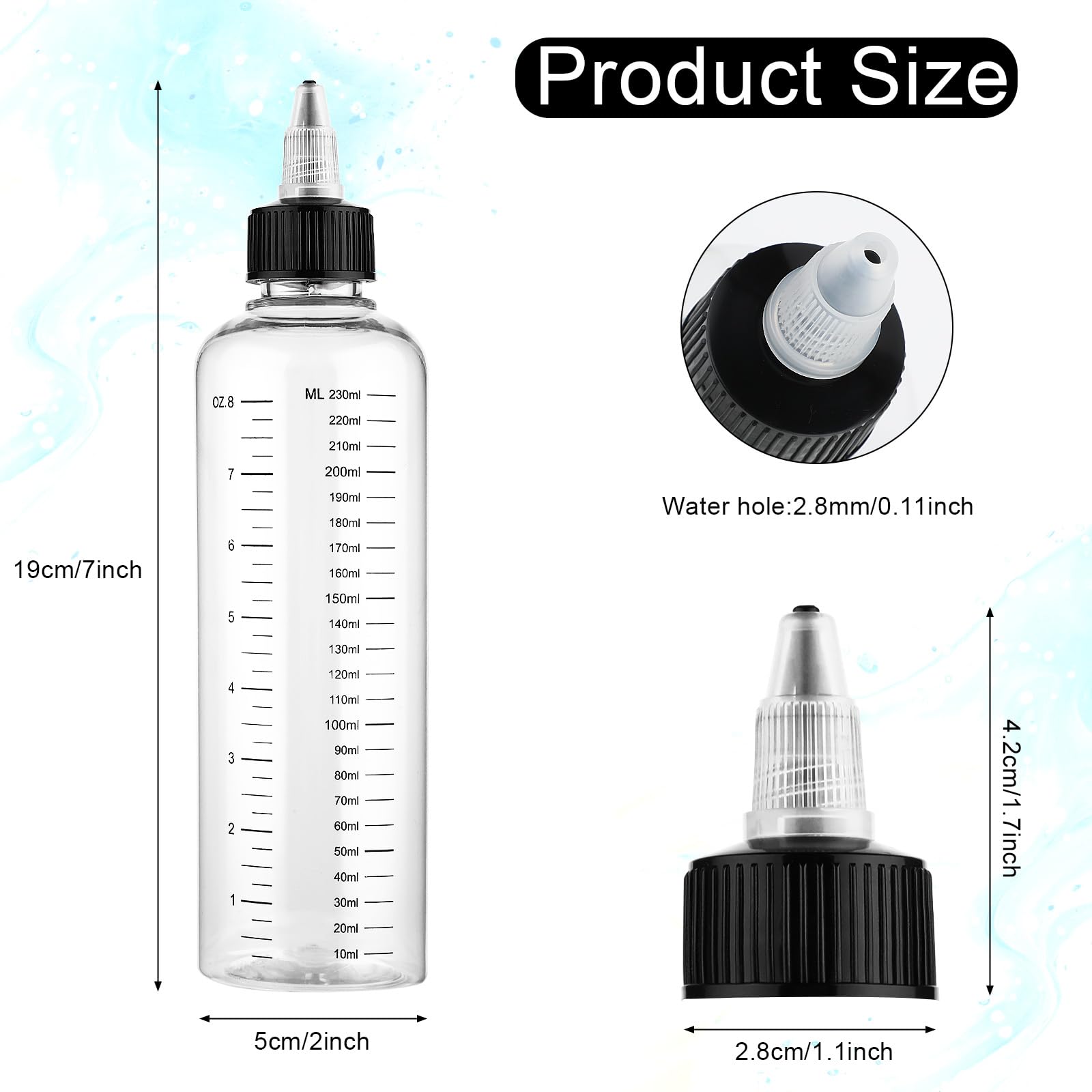 Hpmjz graduated-scale bottle shows oz/ml for accurate mixing of dyes and oils.