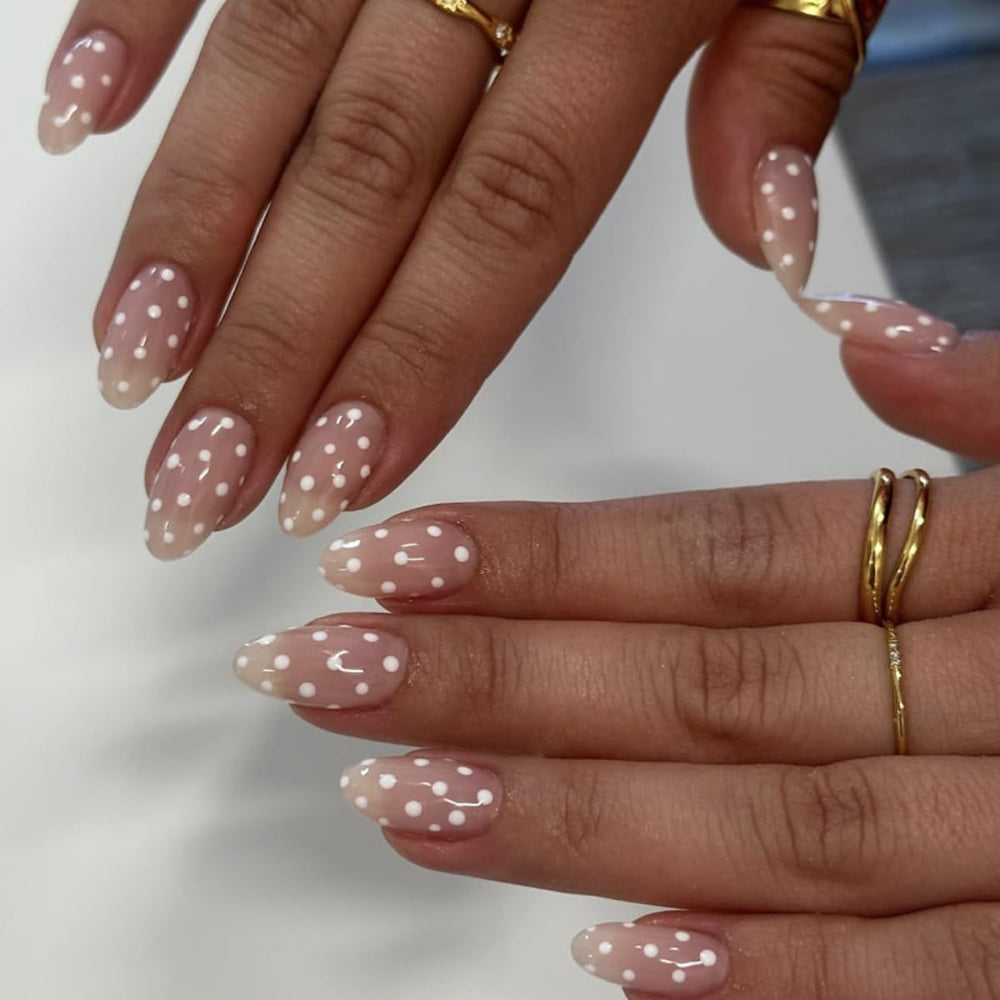 HPYFOI polka-dot press-on nails almond medium with glossy finish for fast at-home manicure.