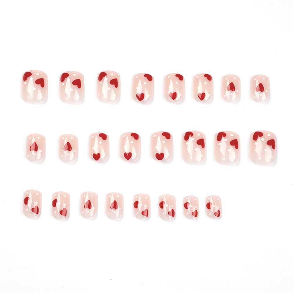 Hrnsnails Uñas postizas San Valentín con corazón rojo y puntos blancos para ocasión festiva.