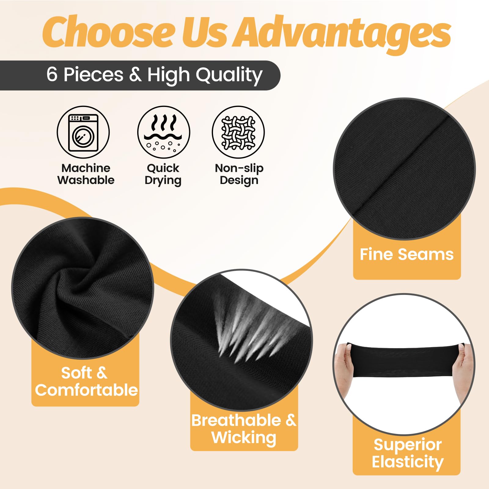 HSEM headbands 6-pack black elastic detail highlighting comfortable stretch.