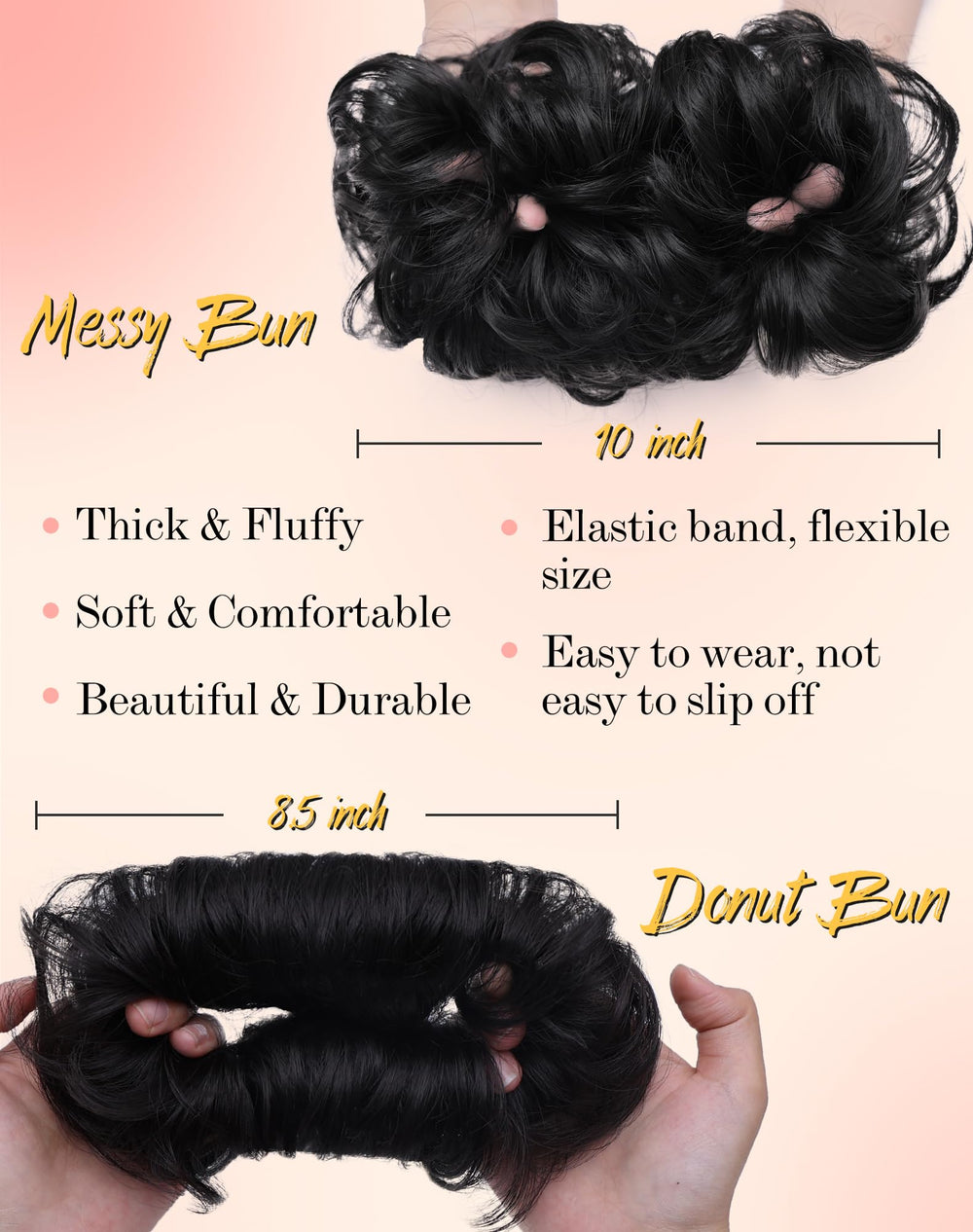 HSLHDI two-styles set demonstrating messy bun and fluffy donut updo possibilities