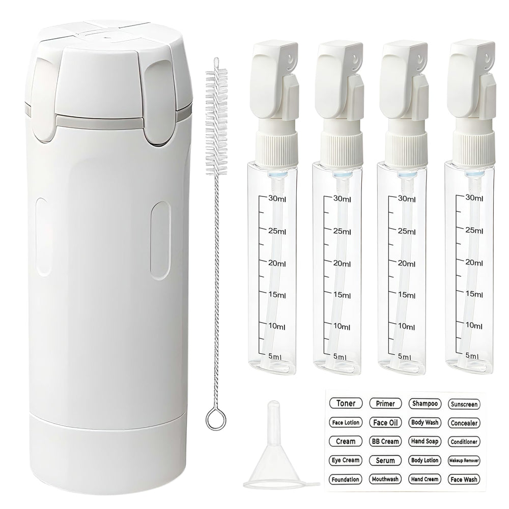 HSXCCL 4-in-1 travel dispenser bottles front view, space-saving companion for packing