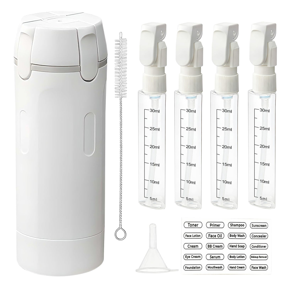 HSXCCL 4-in-1 travel dispenser bottles front view, space-saving companion for packing