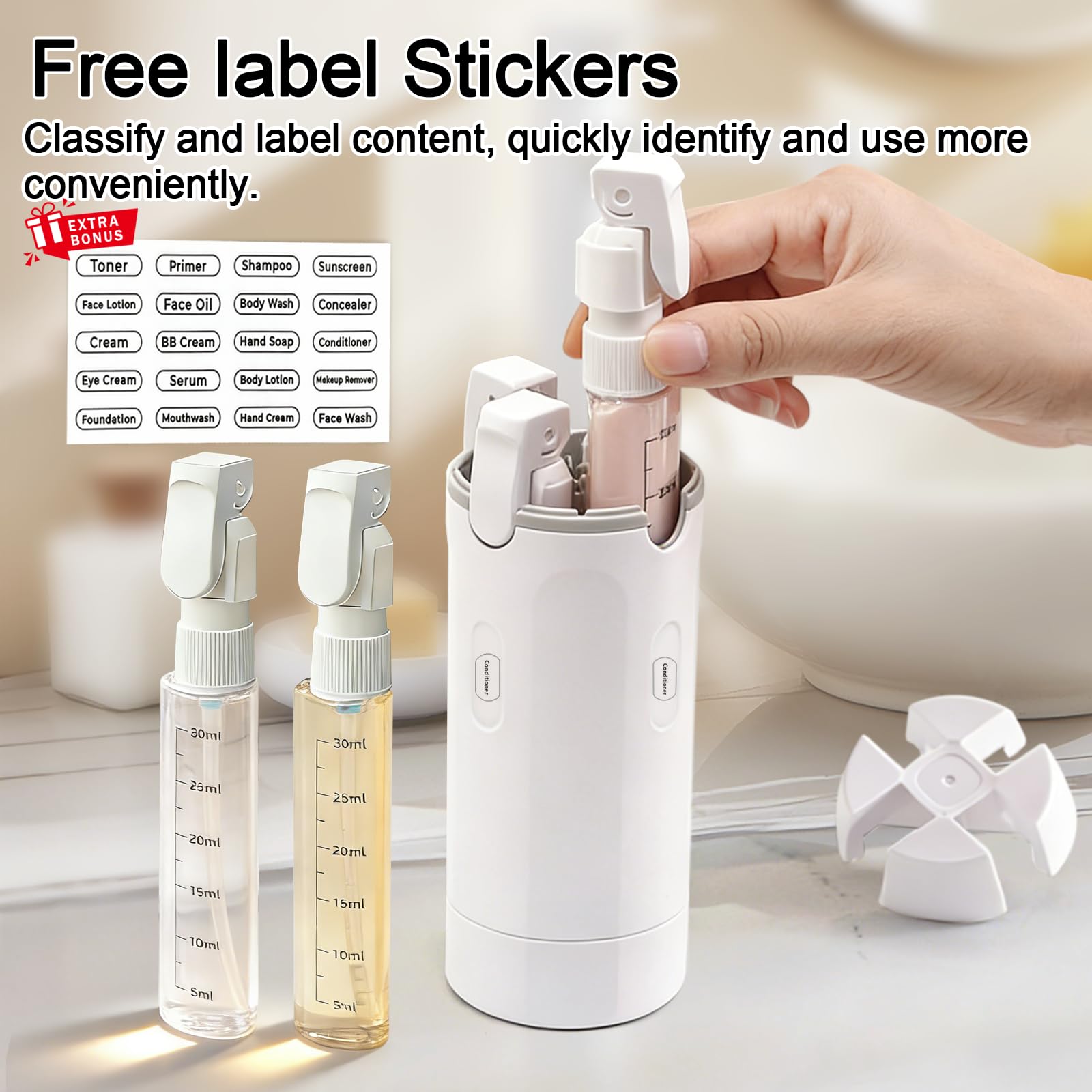 HSXCCL compact travel bottles in hand, minimalist travel solution
