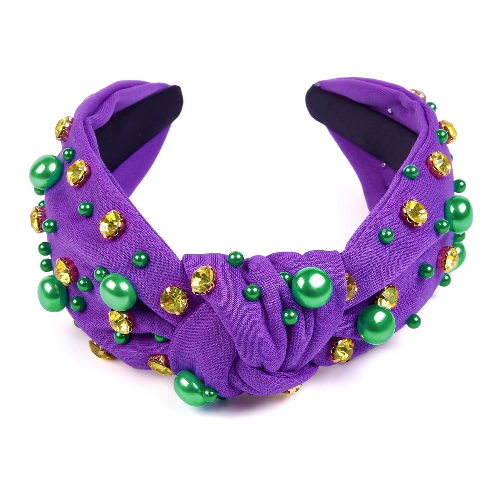 Diadema Huachi para mujer con dorados y perlas verdes para carnaval.