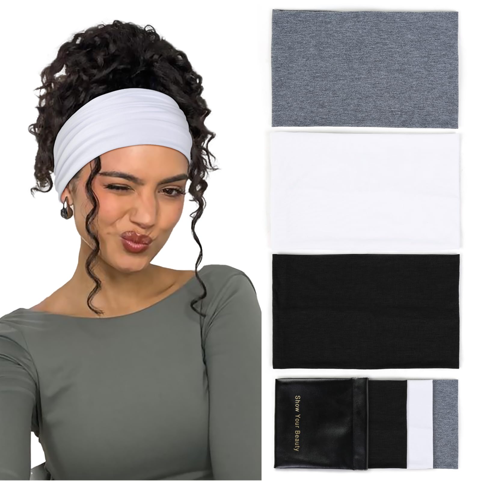 Huachi wide headband in black for secure, non-slip wear during workouts