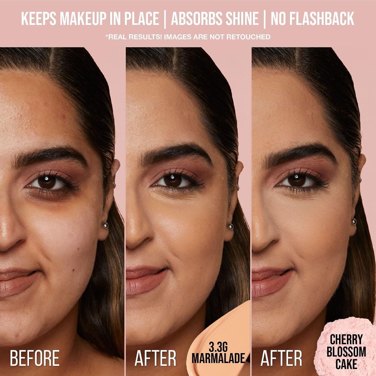 Huda Beauty Easy Bake Cherry Blossom light diffusion effect on skin.