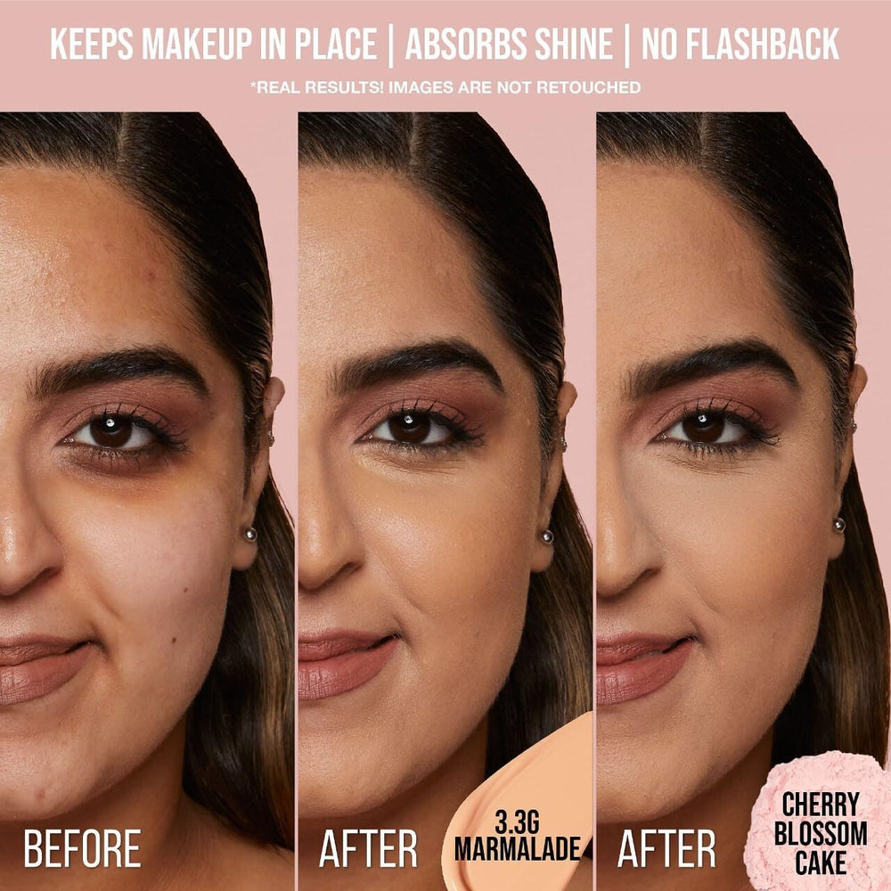 Huda Beauty Easy Bake Cherry Blossom light diffusion effect on skin.