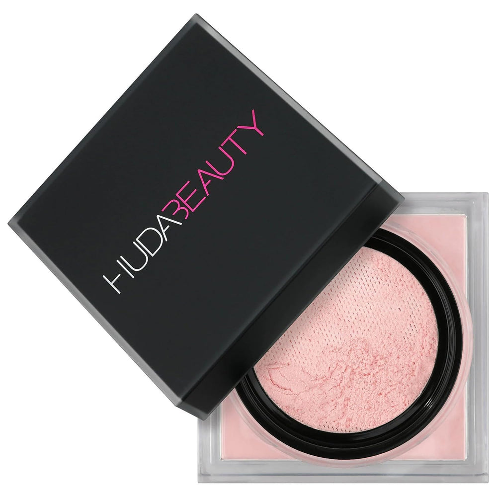 Huda Beauty Easy Bake Cherry Blossom powder packaging close-up showing compact design.
