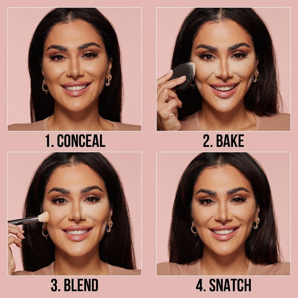 Huda Beauty Easy Bake Cherry Blossom under-eye setting demonstration.