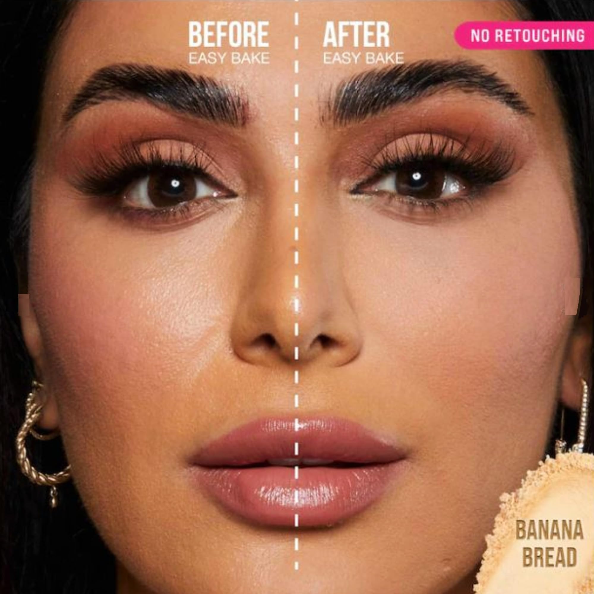 Huda Easy Bake Banana Bread swatches on skin show blendable color and shine control.