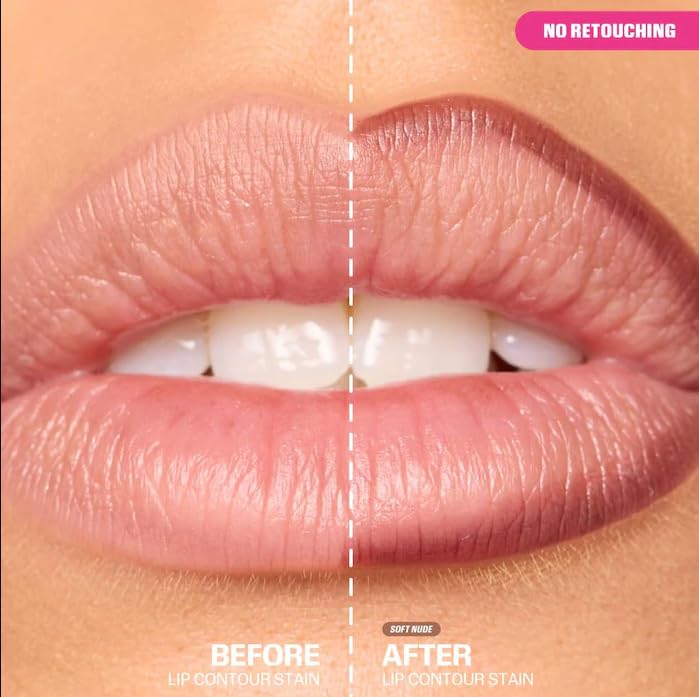 Huda Lip Contour Stain Soft Nude swatches showing pigmented, smudge-proof finish.