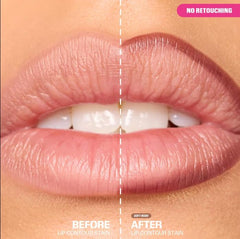 Huda Lip Contour Stain Soft Nude swatches showing pigmented, smudge-proof finish.