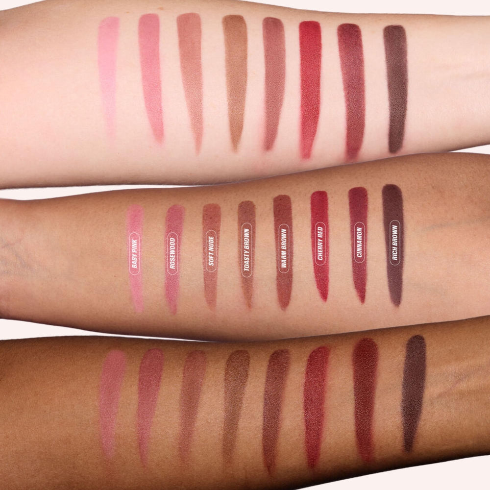 Long-wear formula on lips from Huda Lip Contour Stain Warm Brown