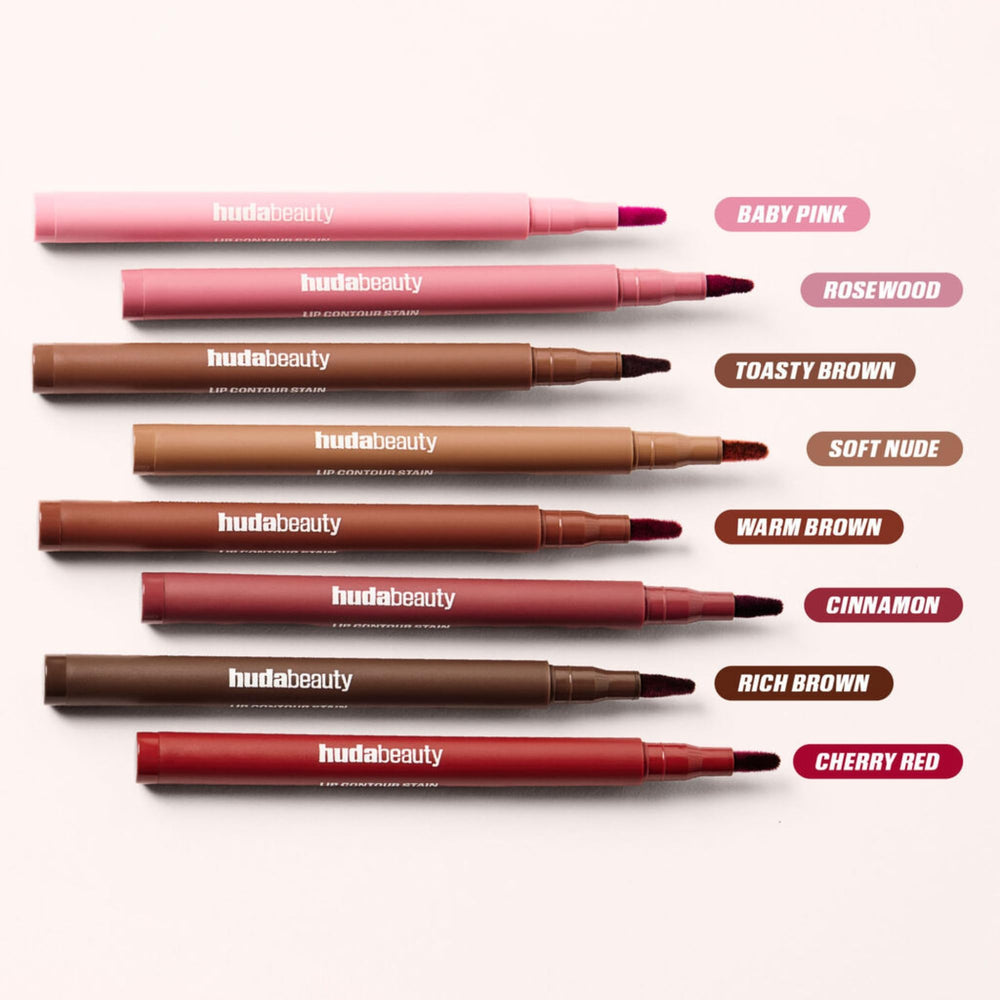 Swatch reveal of rich pigmentation in Huda Lip Contour Stain Warm Brown