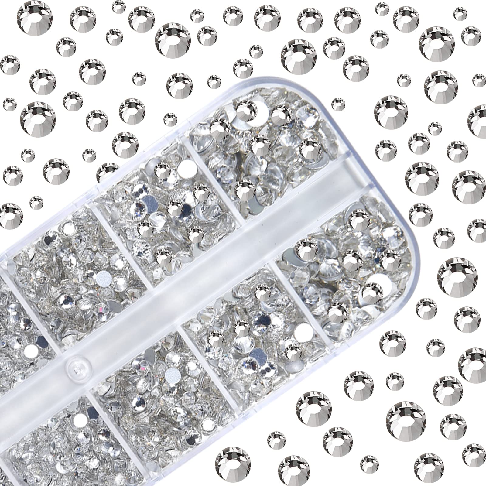 HUETFAT tweezers gripping rhinestones for quick nail art application.