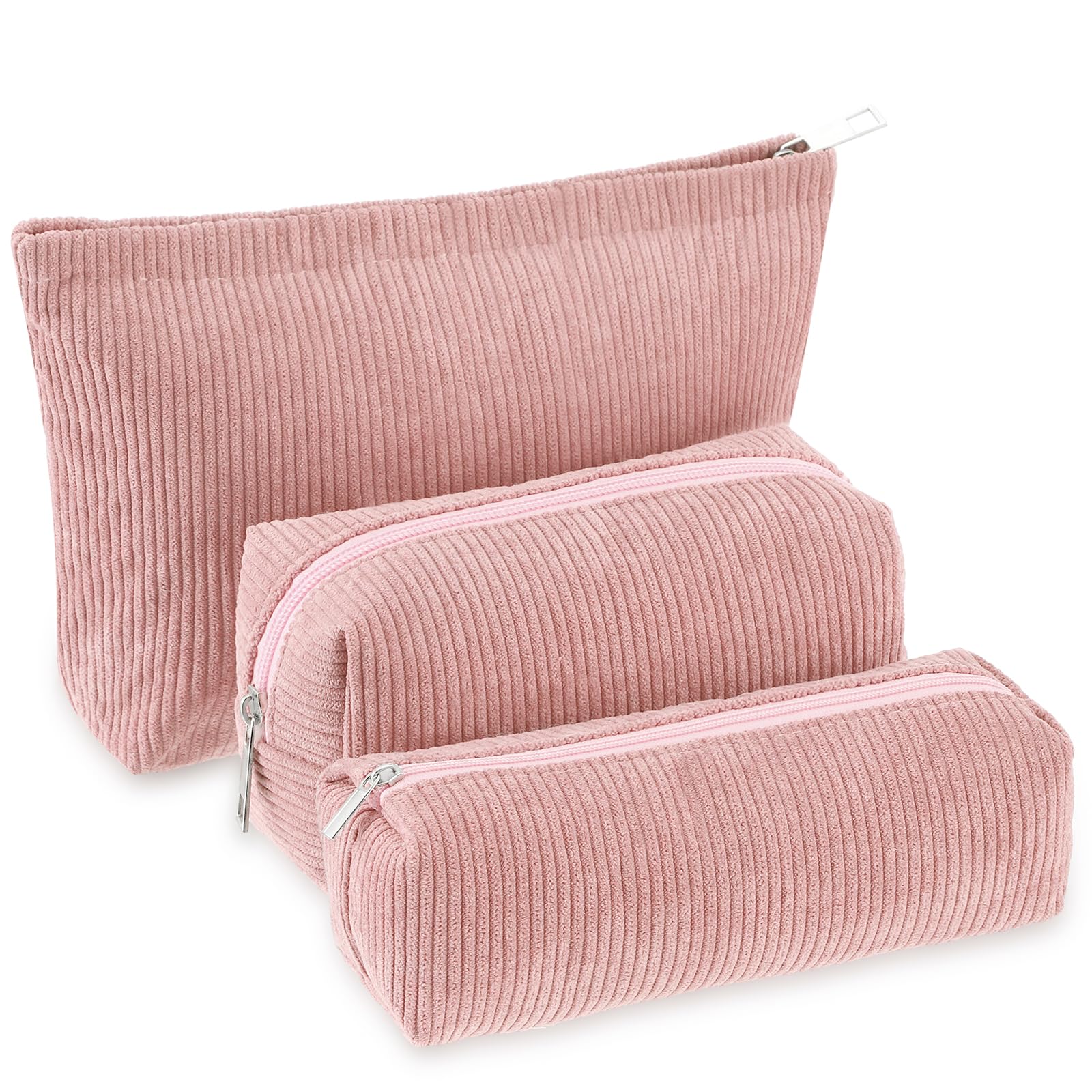 Huhumy corduroy makeup bag set pink trio offers stylish travel organization.