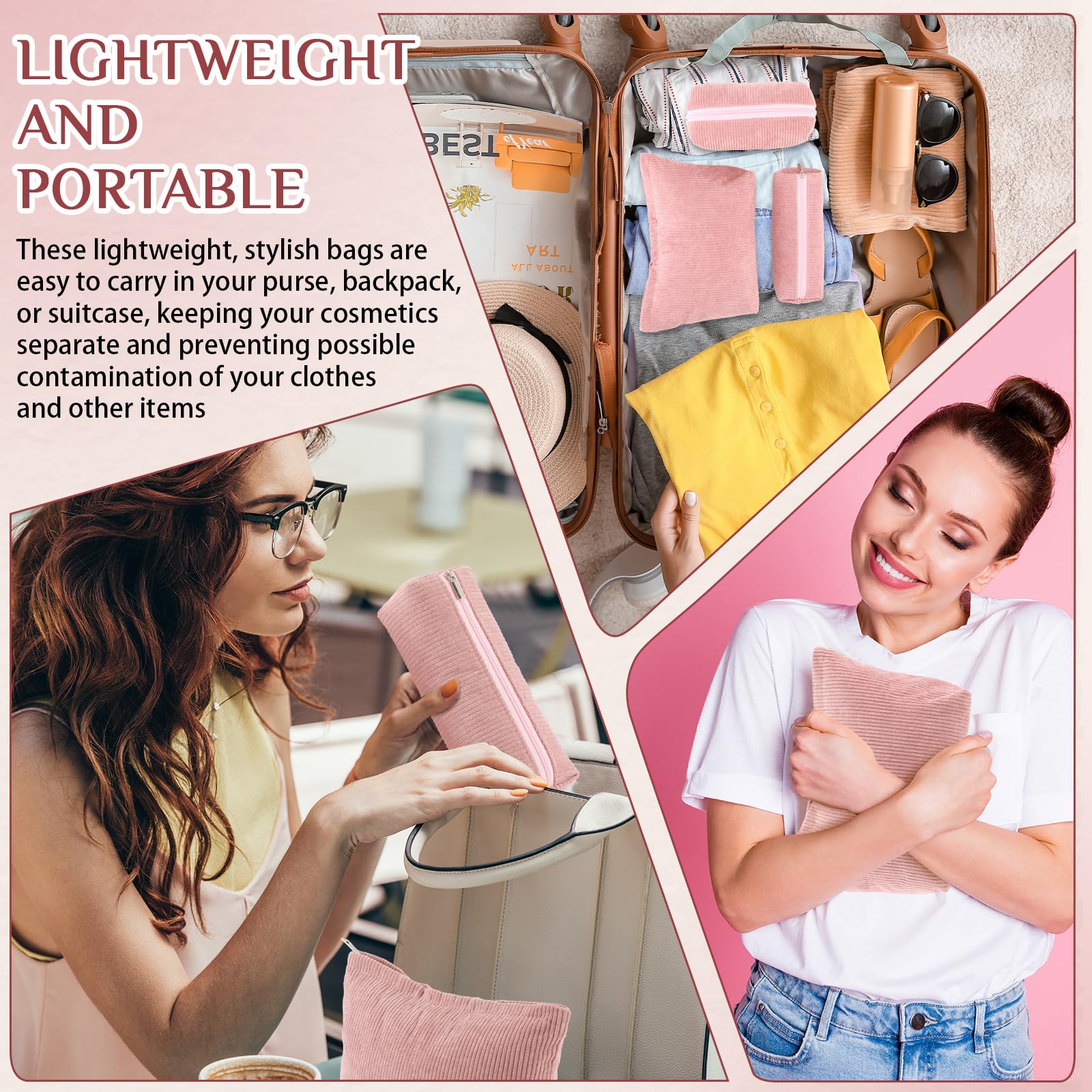 Huhumy pink corduroy set enhances travel organization during trips.