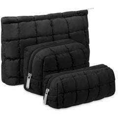 Huhumy puffy makeup bag set in black with soft quilted texture for stylish storage.