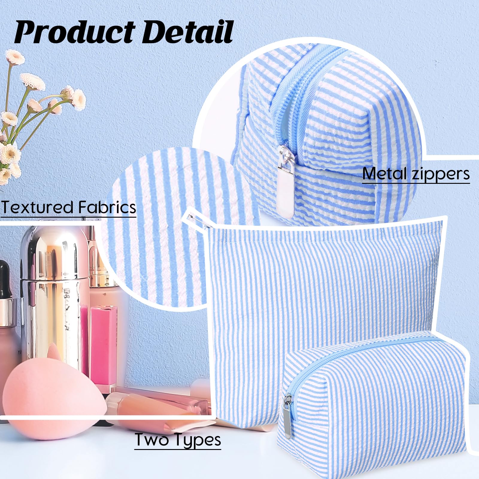 Huhumy blue seersucker large makeup bag, accommodates brushes and toiletries
