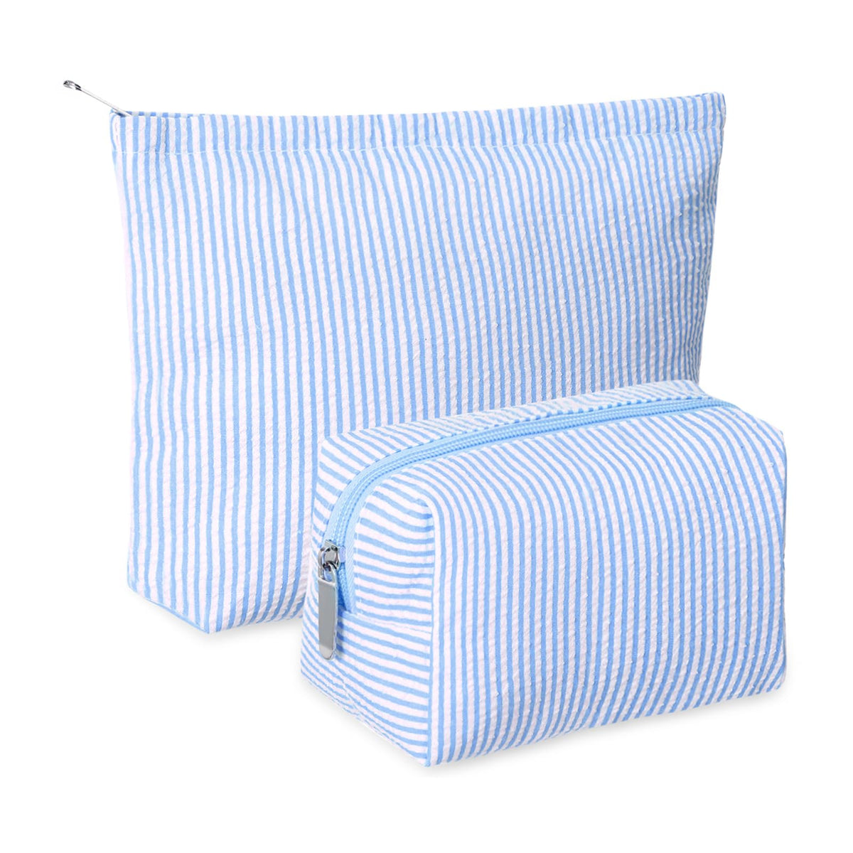 Huhumy makeup bag set in blue seersucker, full view for travel styling