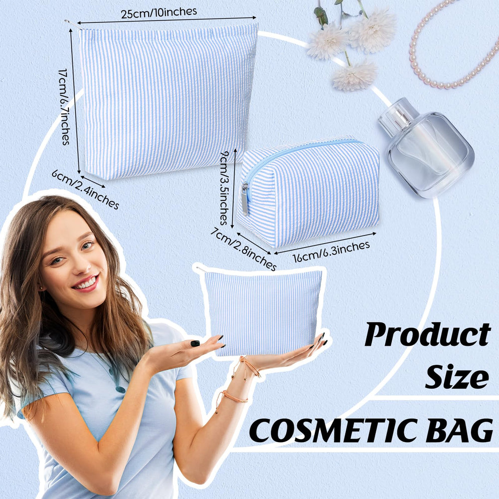 Huhumy blue seersucker small makeup bag, ideal for daily essentials