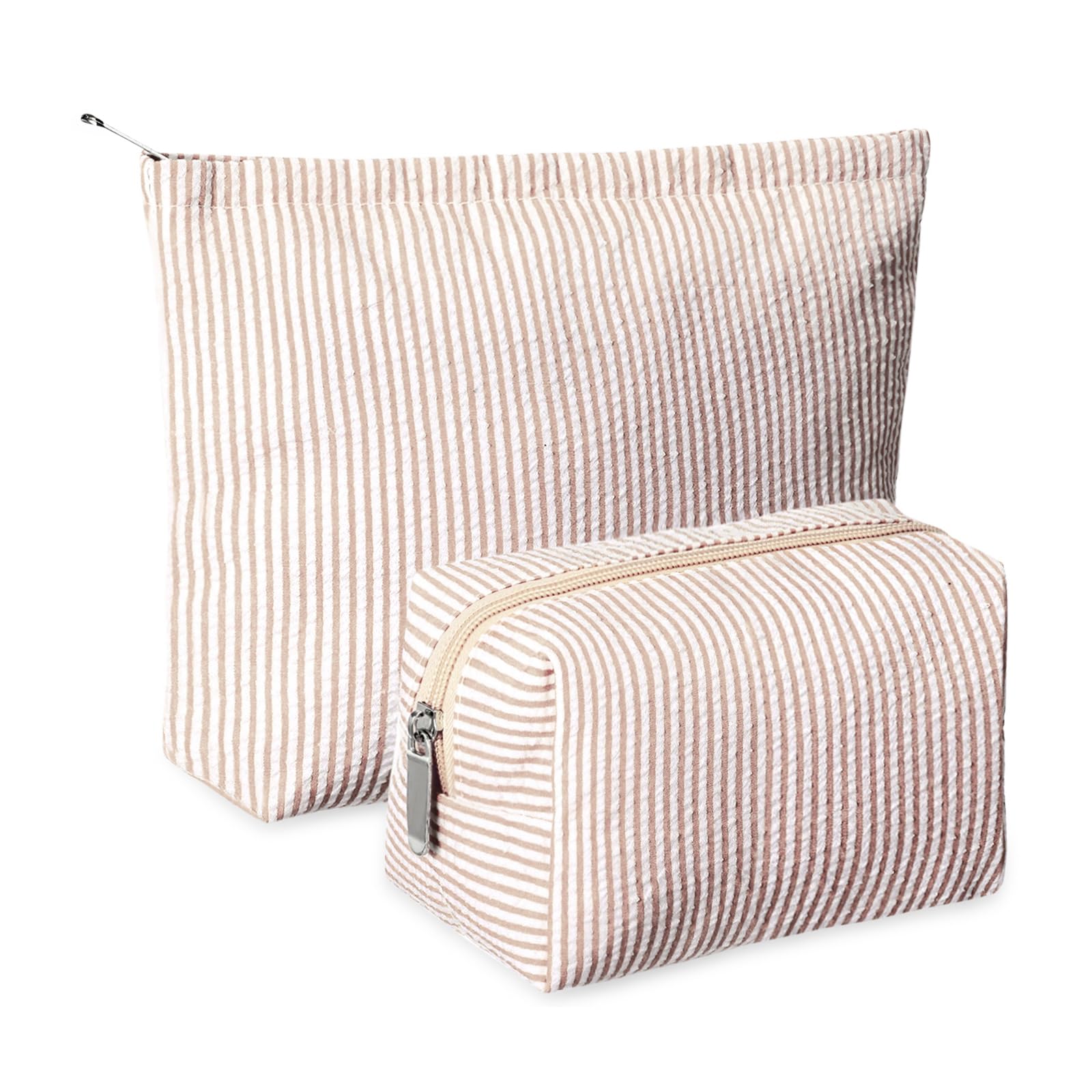 Huhumy seersucker makeup bag large in khaki stripes for travel organization.