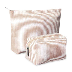 Huhumy seersucker makeup bag large in khaki stripes for travel organization.