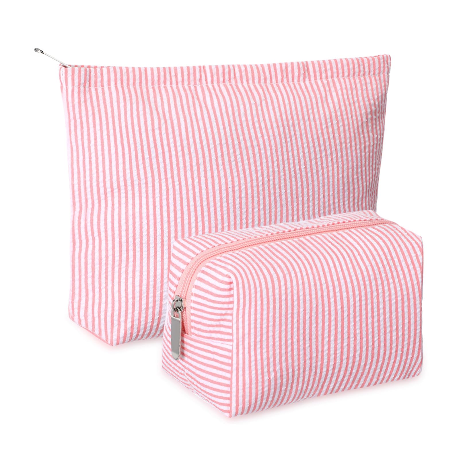 Huhumy seersucker makeup bag with rose pink stripes, ideal for organizing cosmetics on trips.