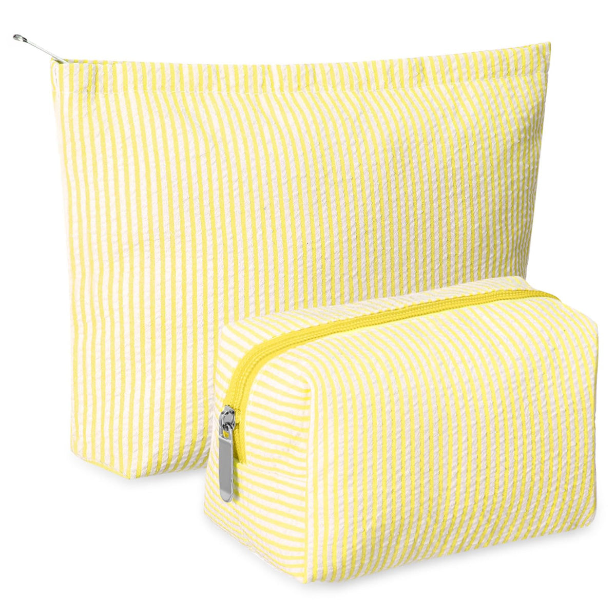 Huhumy seersucker makeup bag yellow front view; soft texture for daily organization.