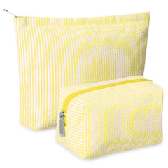 Huhumy seersucker makeup bag yellow front view; soft texture for daily organization.