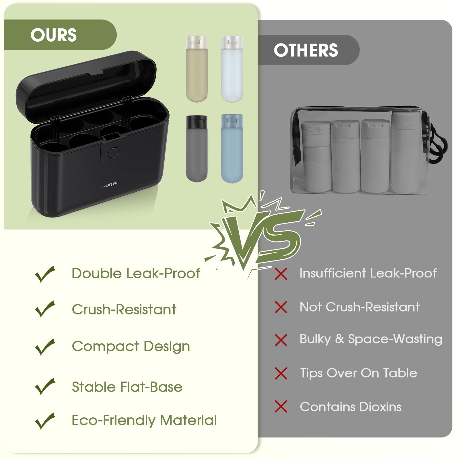 Wide-mouth transparent bottles for easy filling and quick level checks.