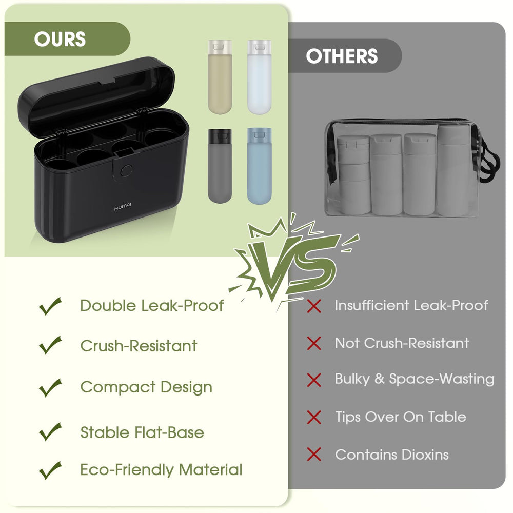 Wide-mouth transparent bottles for easy filling and quick level checks.