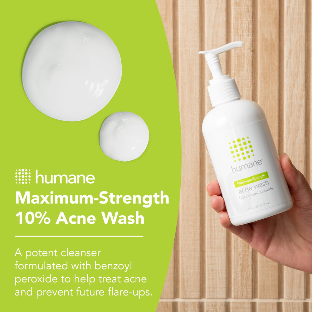 humane benzoyl peroxide acne wash label close-up highlighting 10%