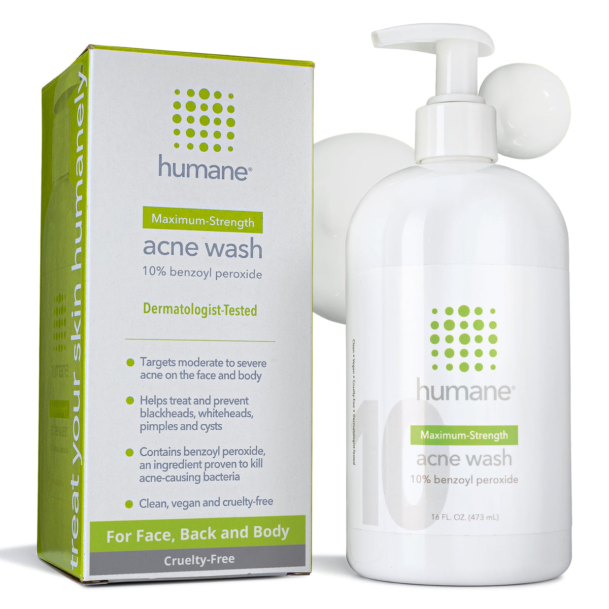 Humane benzoyl peroxide acne wash bottle demonstrates multi-area cleanse for face and body