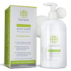 Humane benzoyl peroxide acne wash bottle demonstrates multi-area cleanse for face and body