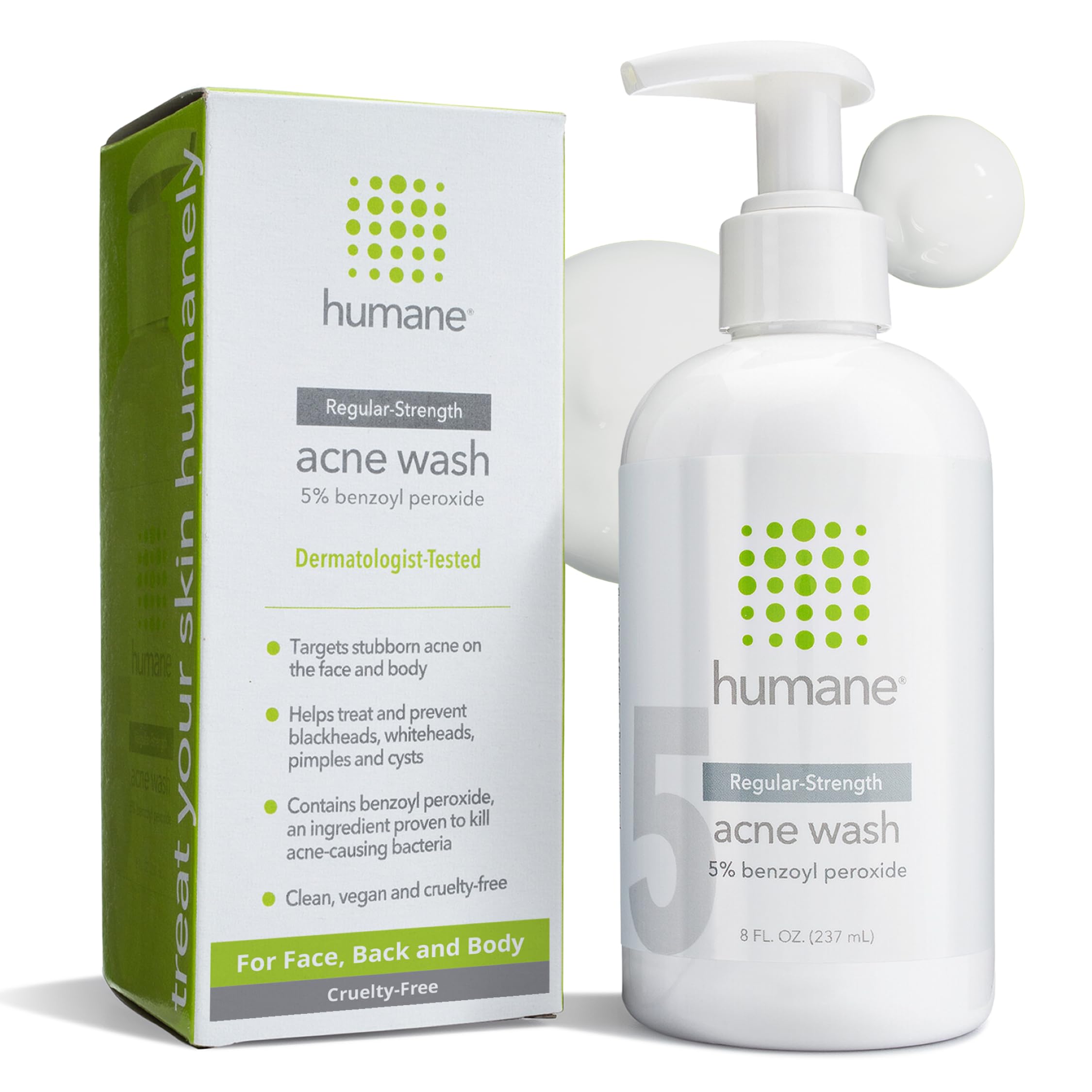 Humane Benzoyl Peroxide Face Wash bottle showing 5% formula for targeted acne care.