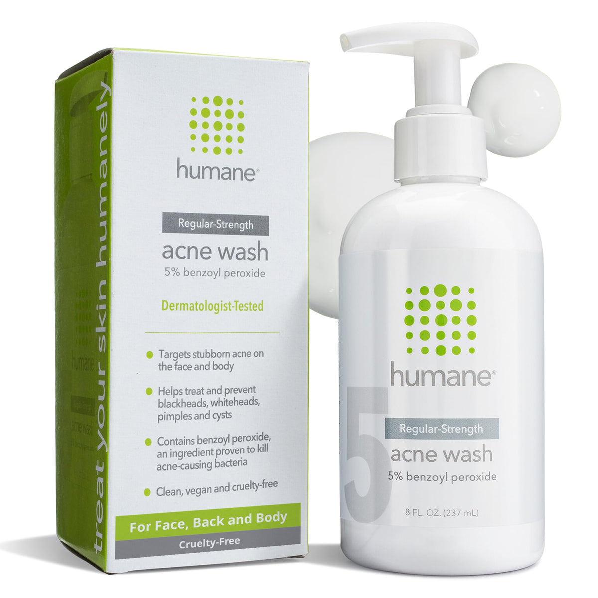 Humane Benzoyl Peroxide Face Wash bottle showing 5% formula for targeted acne care.