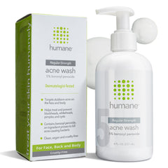 Humane Benzoyl Peroxide Face Wash bottle showing 5% formula for targeted acne care.