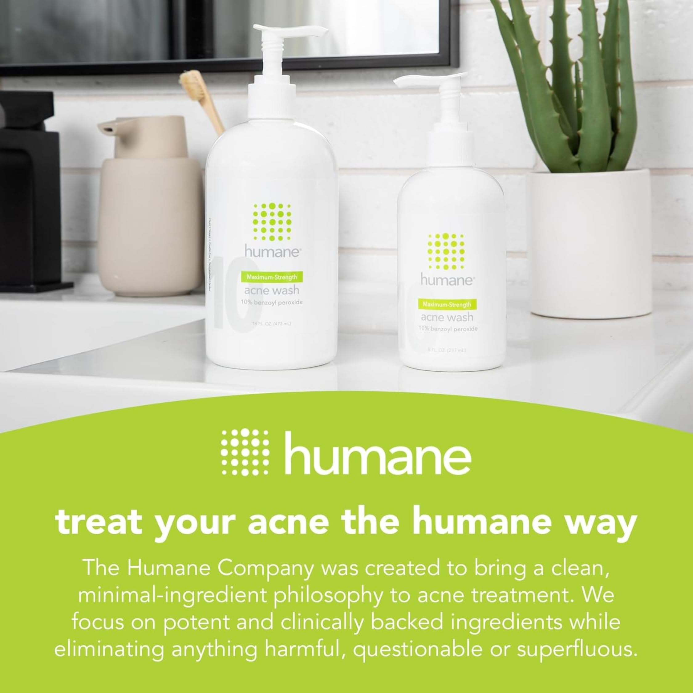 Packaging detail of Humane Benzoyl Peroxide Face Wash emphasizing vegan ingredients.