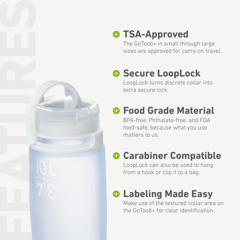 humangear GoToob+ 1.7oz bottle compact size ideal for carry-on