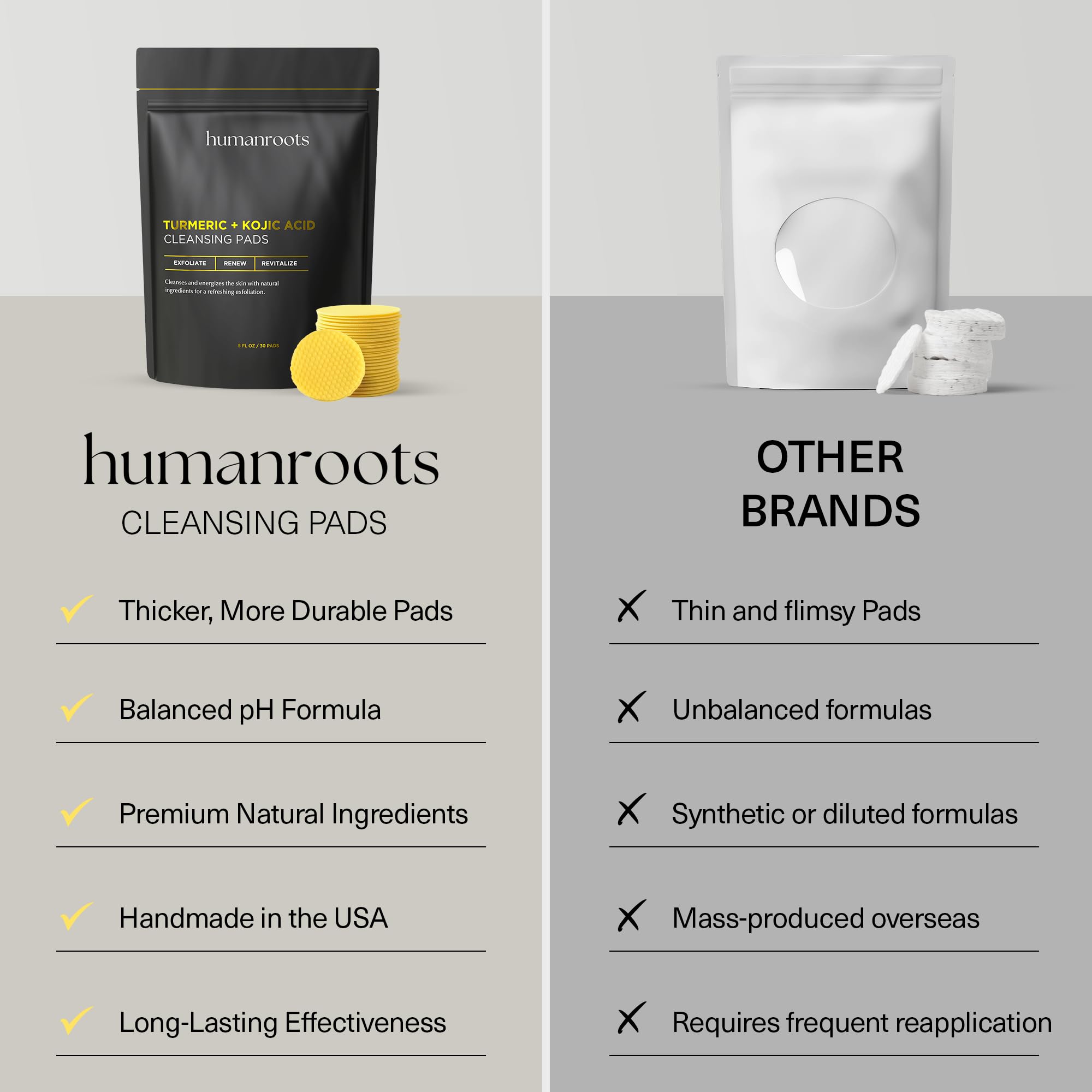 Close-up highlighting turmeric and kojic acid ingredients on Humanroots cleansing pads