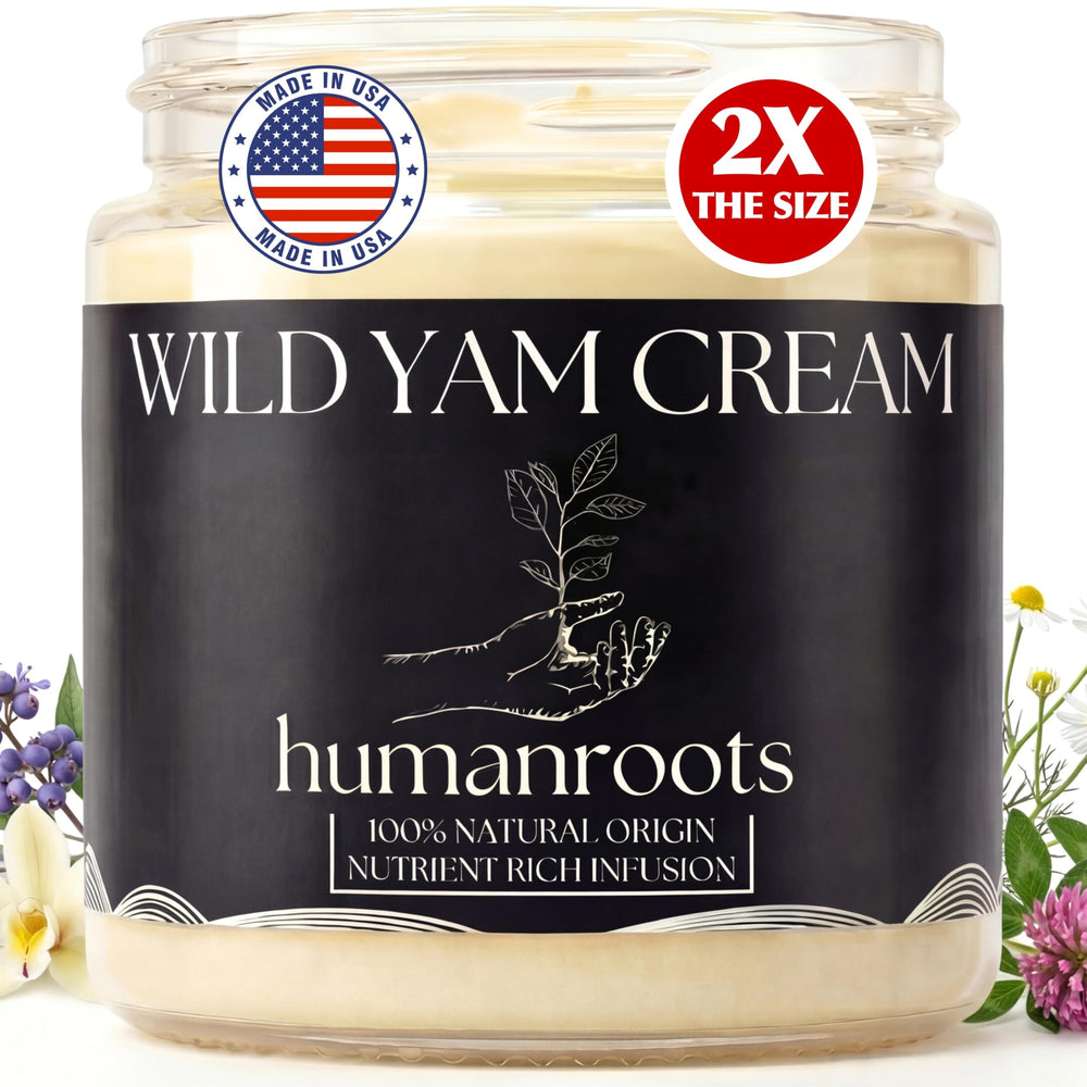 Humanroots Wild Yam Cream bottle with vanilla lavender scent for gentle menopause support
