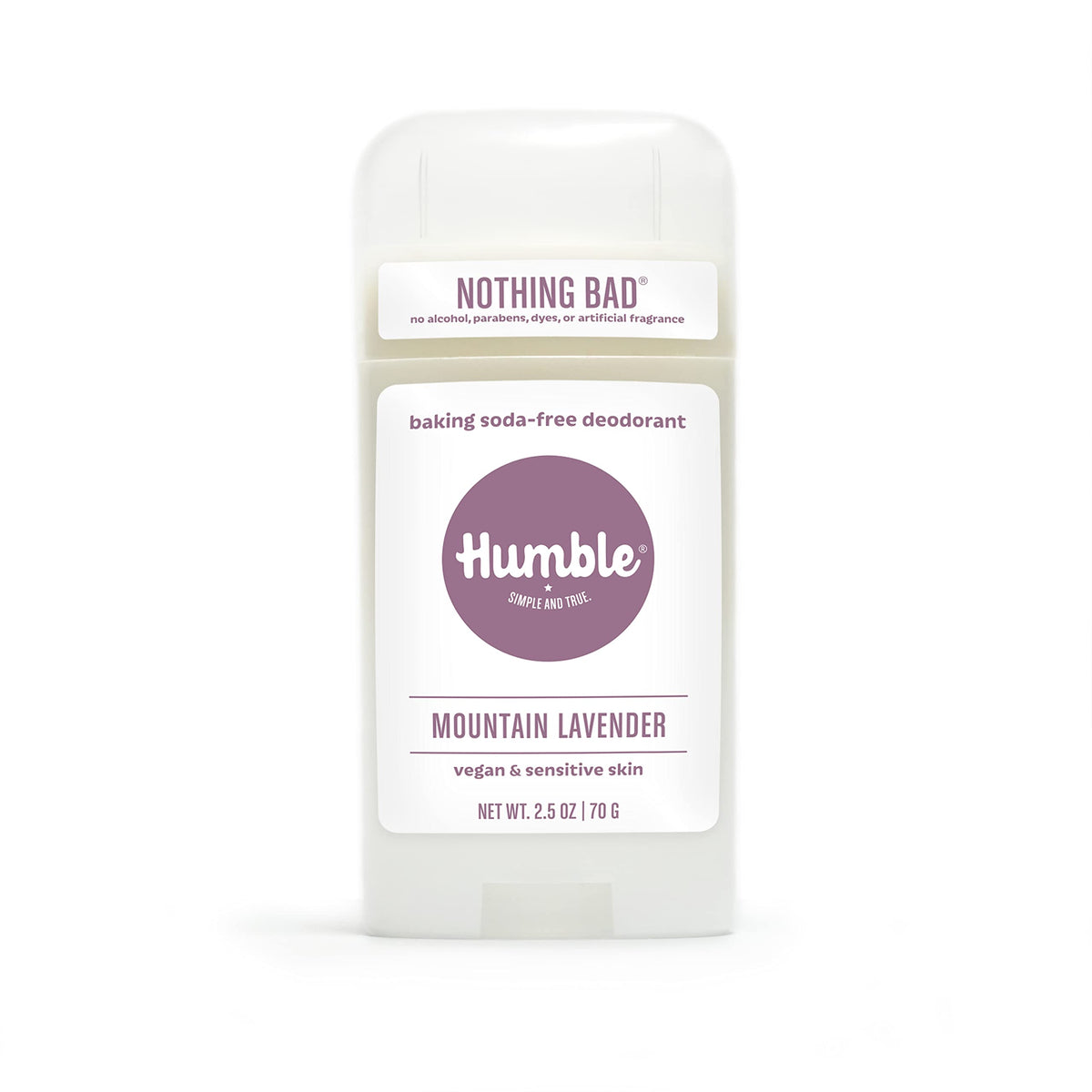 Desodorante Humble Brands sin aluminio en botella Mountain Lavender, frescura diaria.