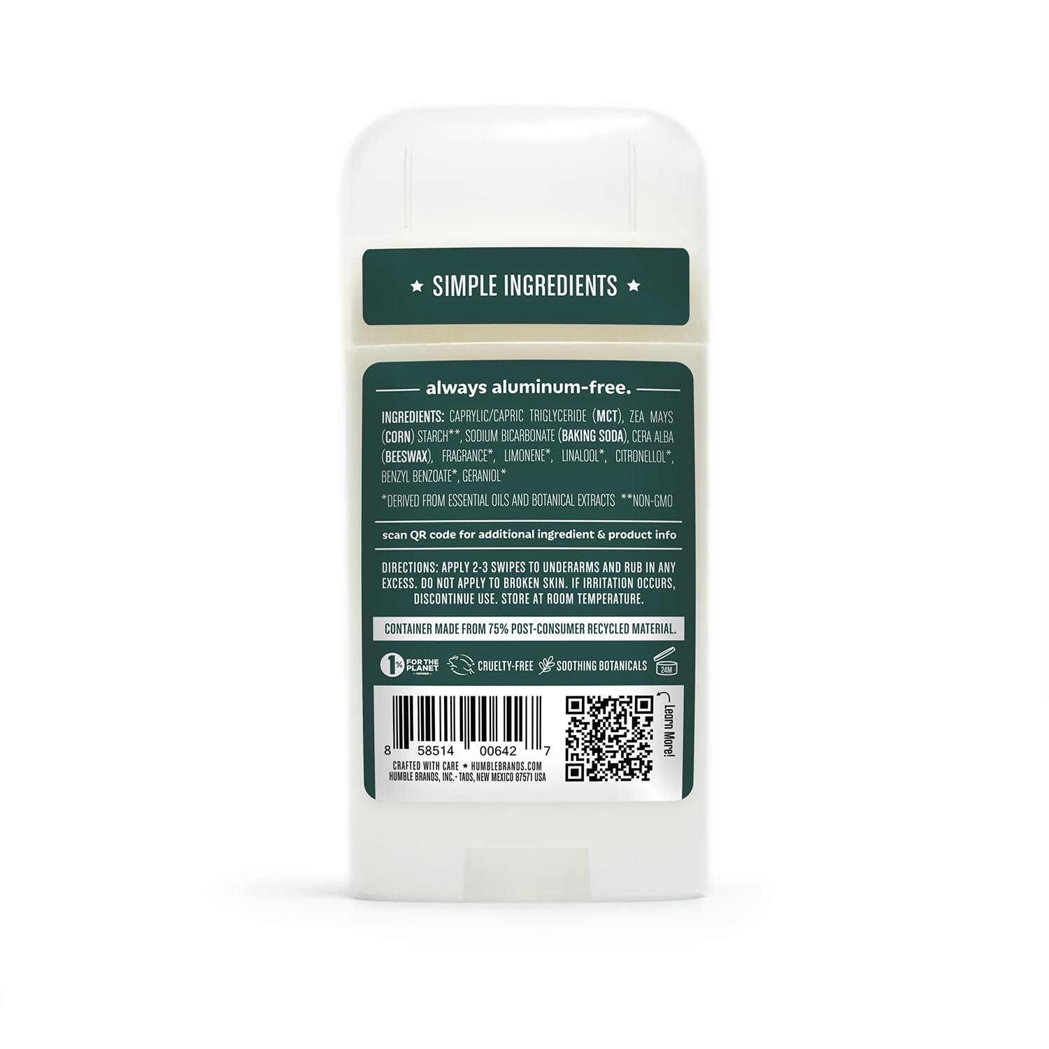 Non-aluminum formula packaging showcases natural ingredients and essential oils.