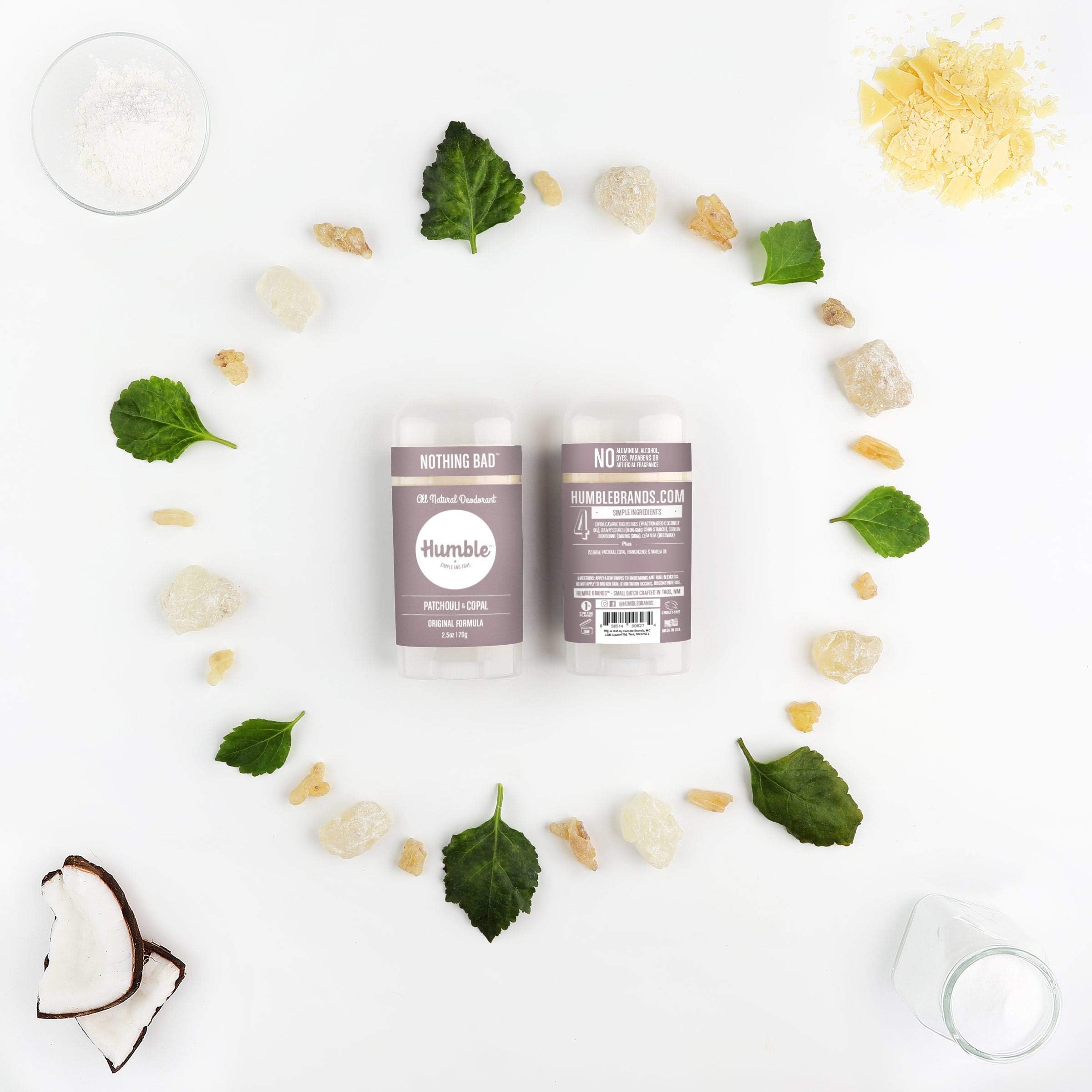 Humble patchouli copal frankincense deodorant: ingredients panel shot for transparency.