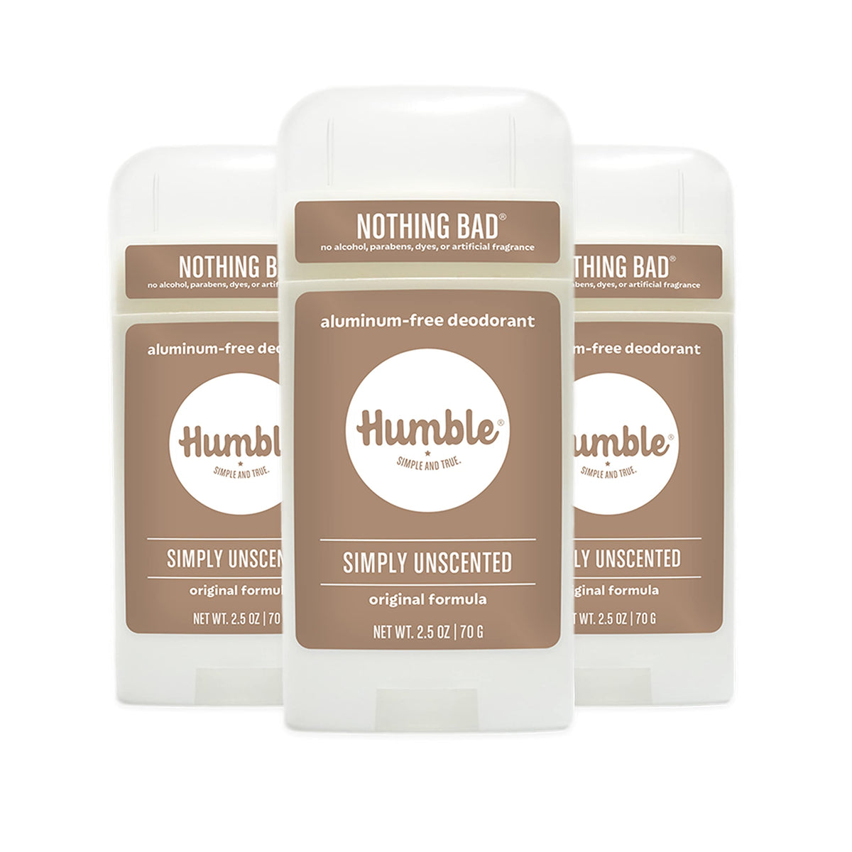 Humble Simple and True Original Formula Deodorant front view, compact aluminum-free design for daily protection