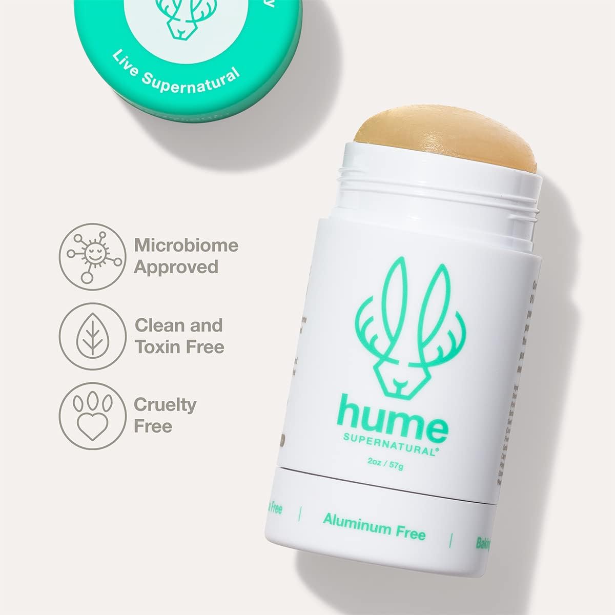 Hume Supernatural aluminum-free ingredient list label highlights natural botanicals.